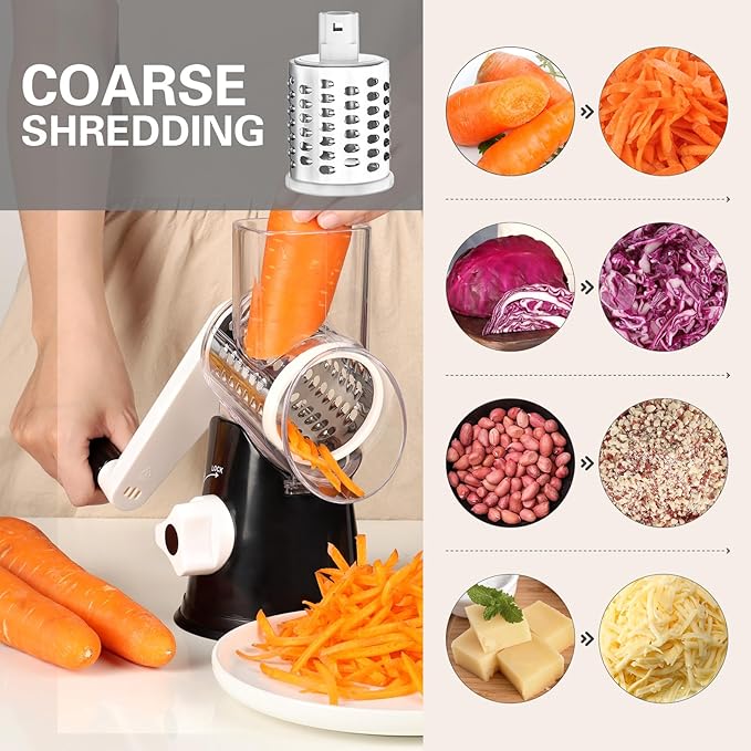 Cambom Rotary Cheese Grater Hand Crank Cheese Shredder for Fresh Cheese, Vegetable, Nuts,Non-slip Suction Base, Three Blades, Black - Image 2