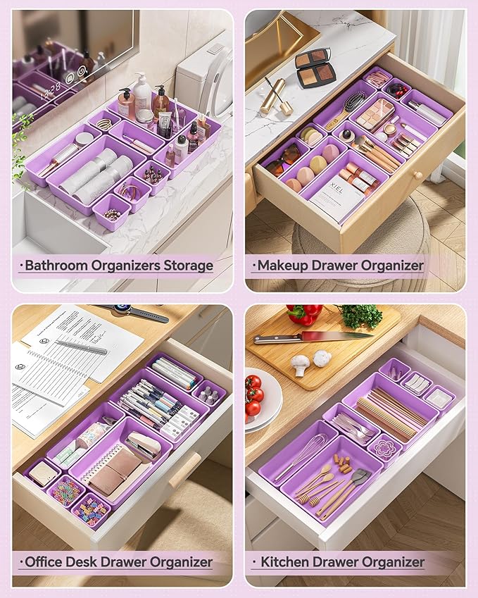 KEMETHY 25 PCS Plastic Drawer Organizers Set, 4 Sizes Vanity Organizer, Makeup and Desk Drawer Organizer Trays, Organization and Storage for Makeup, Bathroom, Kitchen Utensils and Office (Purple) - Image 4
