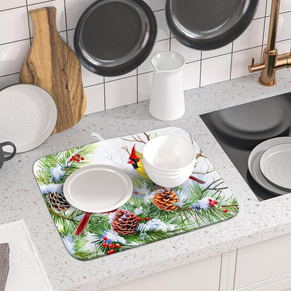 Giwawa Red Birds Dish Drying Mat, Xmas Tree Branch Holly Red Berries Dish Drainer Mats, Winter Snow Pine Cones Reversible Dish Drying Rack Pad Protector for Kitchen Countertop Decor, 16"x18"