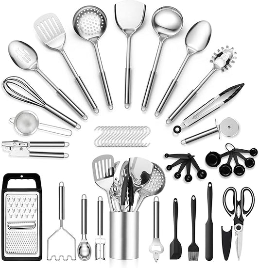 E-far Stainless Steel Kitchen Utensils Set, 39-Piece Cooking Utensils Set with Holder, Non-toxic Metal Heat Resistant Kitchen Gadgets Cookware Tool Spatula Set for Cooking, Dishwasher Safe by E-far