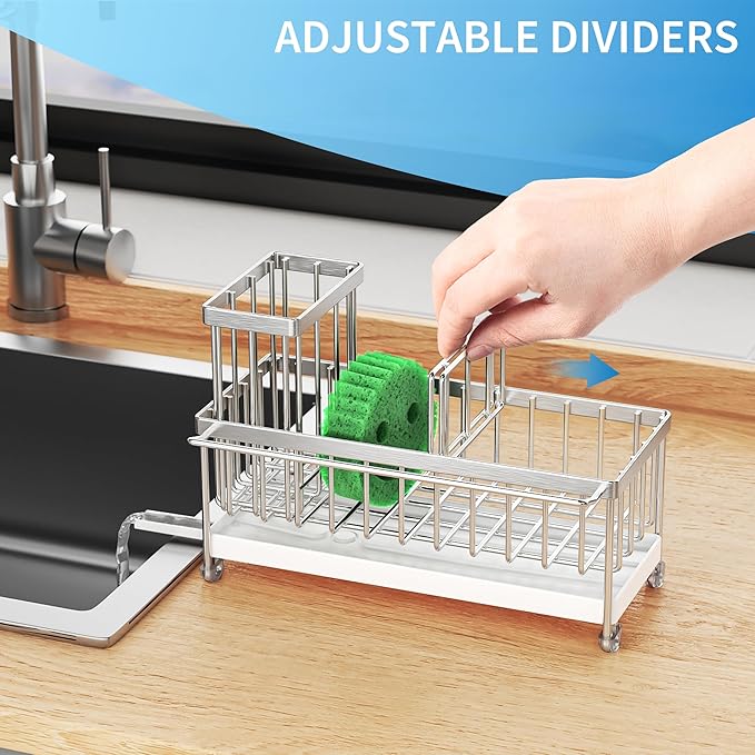 Cisily Sponge Holder for Kitchen Sink, Sink Caddy Organizer with High Brush Holder, Kitchen Countertop Organizers and Storage Essentials, Rustproof 304 Stainless Steel (Silver with Towel Rack, 9.25″) - Image 4