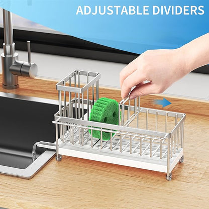 Cisily Sponge Holder for Kitchen Sink, Sink Caddy Organizer with High Brush Holder, Kitchen Countertop Organizers and Storage Essentials, Rustproof 304 Stainless Steel (Silver with Towel Rack, 9.25″) - Image 4