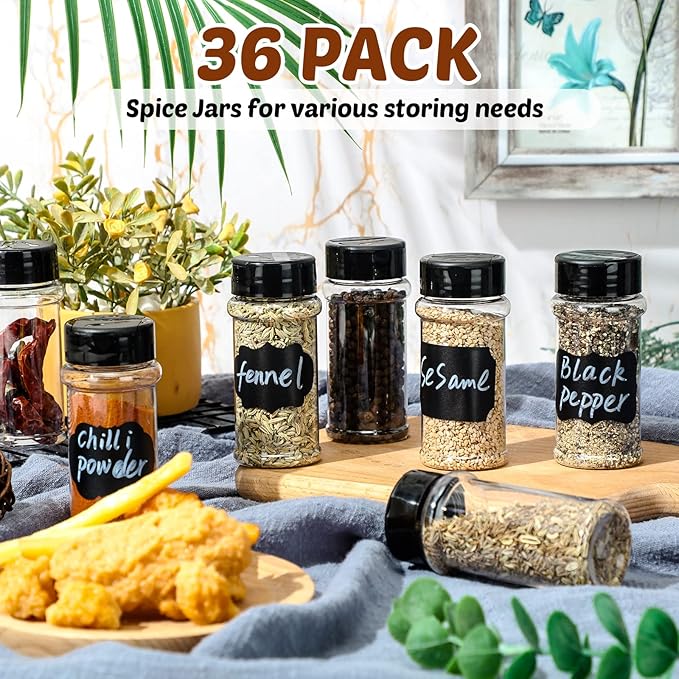 Eccliy 36 Pack 3 oz Clear Plastic Spice Jars with Label and Shaker Lids Empty Spice Bottles Seasoning Containers Seasoning Jars Shaker Condiment Pots for Pepper Herbs Powders(Black) - Image 5