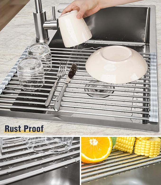 Tomorotec Stainless Steel Roll-Up Dish Drying Rack Marble Color Silicone Edges, Foldable Kitchen Rack Heat Resistant Trivet Supports up to 70 lbs, Food Safe for Dishes, Cookware & More - Image 2