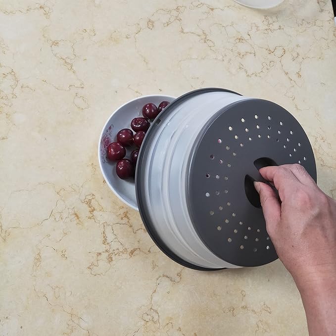 Vented Collapsible Microwave Splatter Cover for Food,Kitchen dish bowl Plate lid Can be Hung,Dishwasher-Safe,Fruit Drainer Basket,BPA-Free Silicone & Plastic,gray