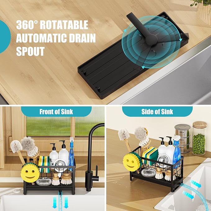 Sponge Holder for Kitchen Sink with Flexible Smiley Face, 2 Tier Kitchen Sink Organizer, Countertop and Storage Essentials, Soap Dispenser Organizer, Home Decor Accessories - Black - Image 4
