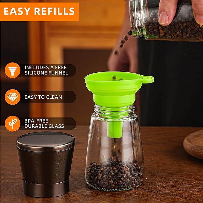 DAVIMADE Metal Bronze Salt and Pepper Grinder Set of 2，Manual Refillable Adjustable Coarseness Ceramic，Short Glass Bronze Salt and Pepper Shakers Spice Mill ，W/Silicone Funnel