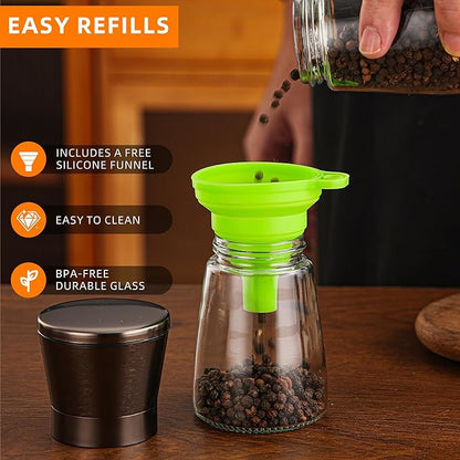 DAVIMADE Metal Bronze Salt and Pepper Grinder Set of 2，Manual Refillable Adjustable Coarseness Ceramic，Short Glass Bronze Salt and Pepper Shakers Spice Mill ，W/Silicone Funnel