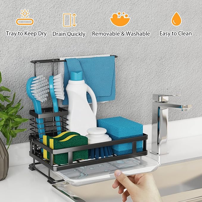 Godboat Kitchen Sink Organizer with Brush Rack, 304 Stainless Steel Dish Soap Dispenser, Sponge Holder for Kitchen Sink, Sink Caddy with Drain-Pan, Cool Kitchen Gadgets & Gifts for Women, Christmas - Image 7