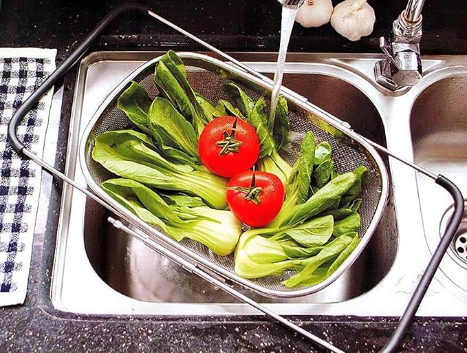 Over The Sink Stainless Steel Oval Colander with Expandable Rubber Grip Handles Strainers, Fine Mesh Strainer Basket Kitchen 6 Quarts Colander for Strain, Drain, Rinse Fruits, Vegetables - Image 7
