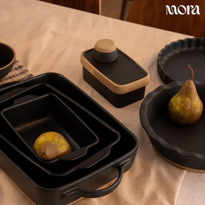 Mora Ceramic Set of 2 Baking Dishes For Casserole, Banana Bread, Brownies, Broiling, Roasting, and Baking. 7x11 in and Loaf Pans - Porcelain Serving Bakeware from Oven to Table. Freezer Safe - Liquorice - Image 5
