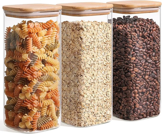 ComSaf 1.9 Qt Glass Storage Containers with Lids, Glass Jars with Lids, Clear Food Storage Jar, Square Canister Set of 3, Pantry Organizers and Storage for Flour Rice Pasta Tea Coffee Bean by ComSaf