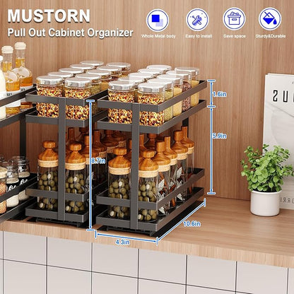 Mustorn 2 Pack Pull Out Spice Rack Organizer for Cabinet, 2 Tier Metal Slide Out Seasoning Organizer and Storage Heavy Duty Vertical Spice Rack Shelf Pullout for Kitchen Cabinets No Drilling (Black) - Image 2