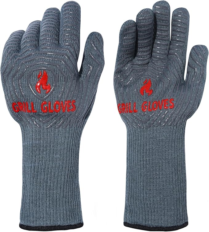 QUWIN BBQ Gloves, Oven Gloves 1472℉ Extreme Heat Resistant, Grilling Gloves Silicone Non-Slip Oven Mitts, Kitchen Gloves for BBQ, Grilling, Cooking, Baking-1 Pair… (Grey, One Size(Long Cuff)) by QUWIN