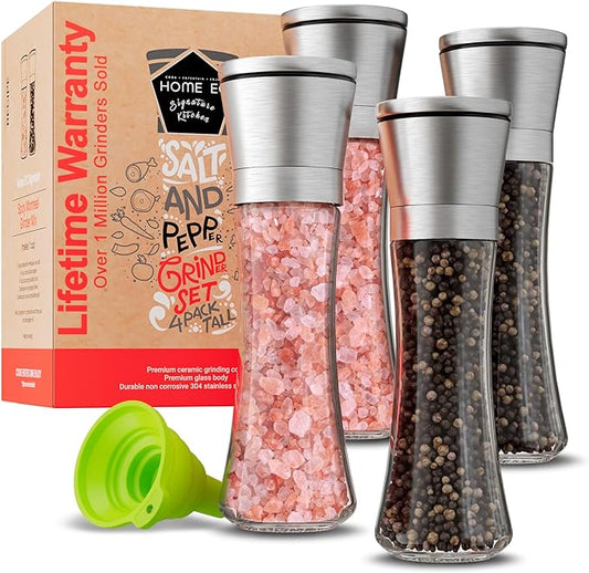 Home EC Original Stainless Steel Sea Salt and Pepper Grinder Set of 4 - Adjustable Ceramic - Tall Glass Salt and Pepper Shakers Mills - Modern Kitchen Spice Mill W/Funnel & EBook by HOMEEC