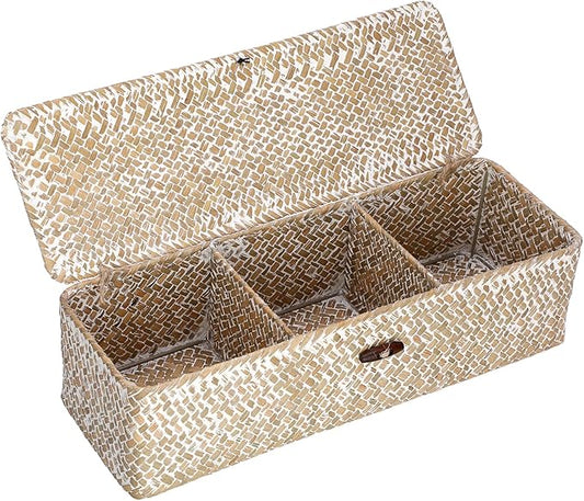 Hipiwe Storage Basket with Lid 3 Sections Handwoven Seagrass Basket Rectangular Closet Organizer Bin Multipurpose Storage Box for Bathroom Shelf Kitchen, Whitewash