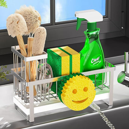 Sponge Holder for Kitchen Sink,Sink Caddy with Removable Dish Brush Holder,Self-Draining Kitchen Countertop Organizers and Storage Essentials,Soap Dispenser Organize and Home Decor-Silver by Unknown