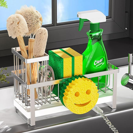 Sponge Holder for Kitchen Sink,Sink Caddy with Removable Dish Brush Holder,Self-Draining Kitchen Countertop Organizers and Storage Essentials,Soap Dispenser Organize and Home Decor-Silver by Unknown