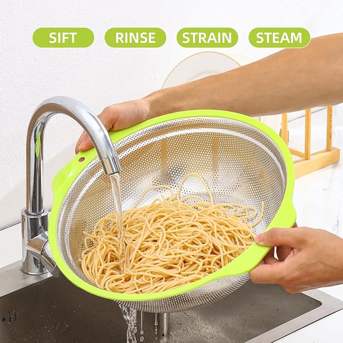 Colander Stainless Steel Microporous, 5QT Large Capacity Rice Washer with Mixing Bowl, 12.5’’Rice Strainer Bowl Set with Handle, Food-Grade Strainers and Colanders for Washing Rice, Pasta - Image 4