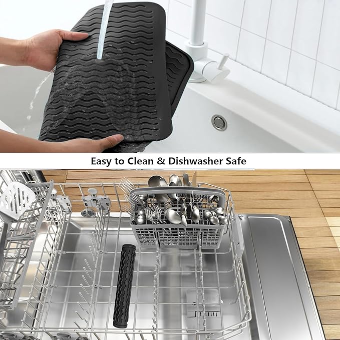 ZLR 2 Pcs Silicone Dish Drying Mat & Heat Resistant Trivet (12" x 16") - Waterproof Counter Protector for Coffee Maker - Non-Slip, BPA Free Kitchen Pad, Easy Clean Dishwasher Safe (Black) - Image 8