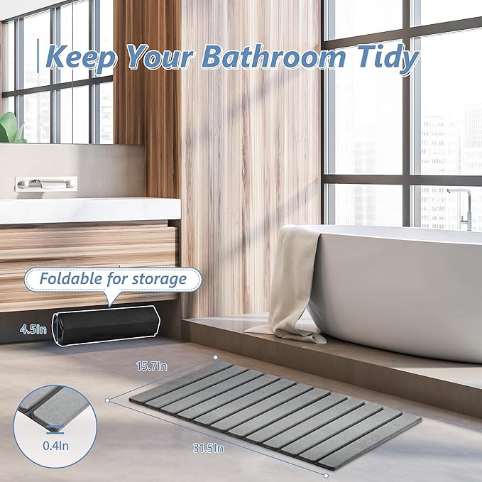 AWW Foldable Stone Bath Mat, Quick Dry Diatomaceous Earth Bath Mat with Non-Slip Mat, Super Absorbent, Easy to Clean, Compact for Small Bathrooms, 31.5 x 15.7, Grey - Image 5