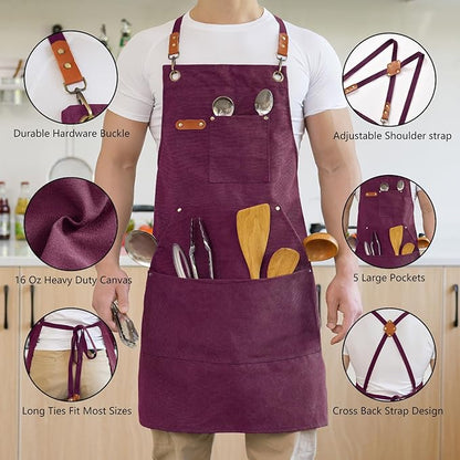 Aoomzoon Canvas Aprons for Men Chef Apron, Work Apron with Large Pockets - 16oz Heavy Duty Cross Back, BBQ, Cooking