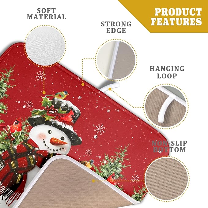 Christmas Dish Drying Mat for Kitchen Counter Snowman Green Christmas Tree Microfiber Absorbent Dish Draining Reusable Washable Foldable 16"x18" - Image 4