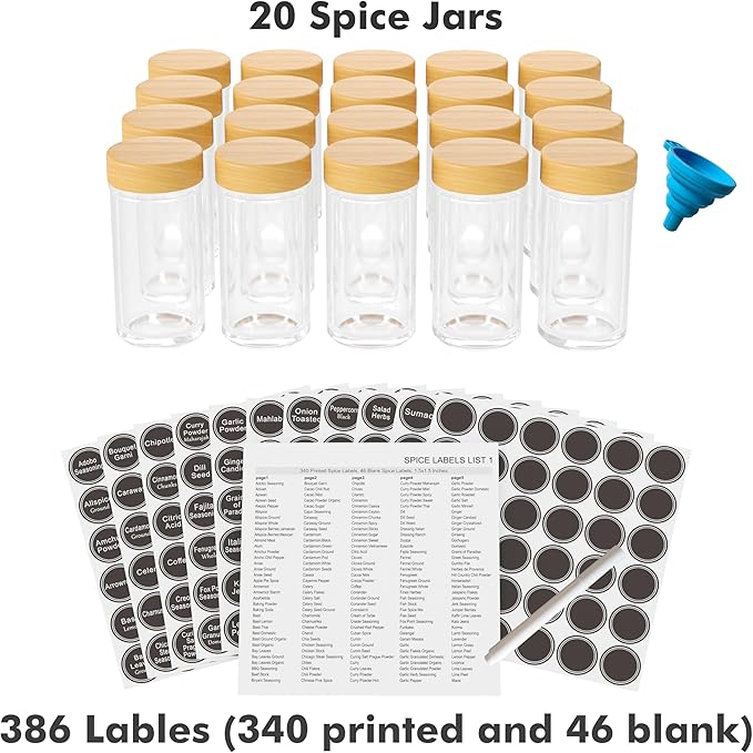 New England Stories Revolving Spice Rack Set with 20 Spice Jars, Kitchen Spice Tower Organizer for Countertop or Cabinet - Carousel Storage Includes 386 Spice Labels (Bamboo) - Image 5