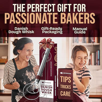 Superbaking Danish Dough Whisk - 12" Bread Whisk for Dough Mixing - Single Eye Design Sourdough Whisk - Sourdough Bread Baking Supplies - Bread Making Tools and Accessories - Ergonomic Stainless Steel