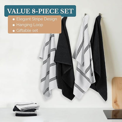Casa Platino Dish Towels and Dish Cloths for Washing Dishes, 8 Piece Kitchen Towel and Dishcloth Set for Sinkside Duties – A Sleek Staple for Efficient Post-Meal Cleanup – Black