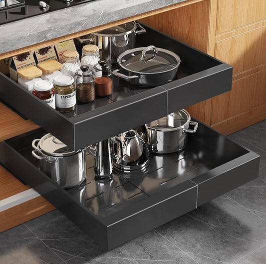 Seinloes 2 Pack Expandable Pull Out Cabinet Organizer 16.5"Deep With Raising Pad for Framed Cabinets,Upgrade 3 Slide Rails Slide Out Drawers,No Drill Roll Out Shelves,Adjustable Width 12.2"-20.4"Black by Seinloes