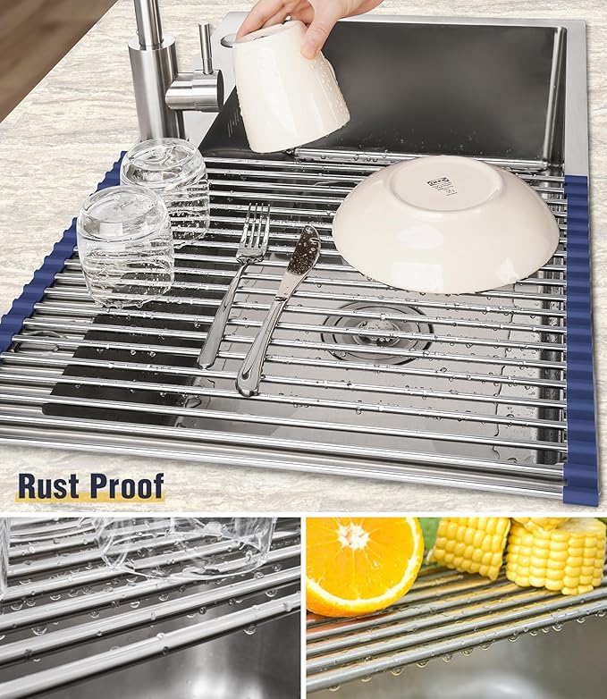 Tomorotec 21" x 15.5" Roll Up Dish Drying Rack Over Sink Drying Rack Sink Cover Kitchen Sink Accessories Gadget Multipurpose Organizer Foldable Stainless Steel Drainer - Image 2