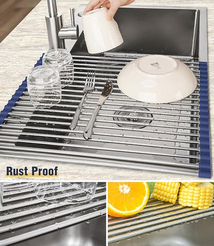 Tomorotec 21" x 15.5" Roll Up Dish Drying Rack Over Sink Drying Rack Sink Cover Kitchen Sink Accessories Gadget Multipurpose Organizer Foldable Stainless Steel Drainer - Image 2