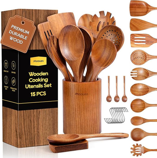 15Piece Wooden Spoons for Cooking Natural Teak Wooden Kitchen Utensils Set Comfort Grip by Mooues