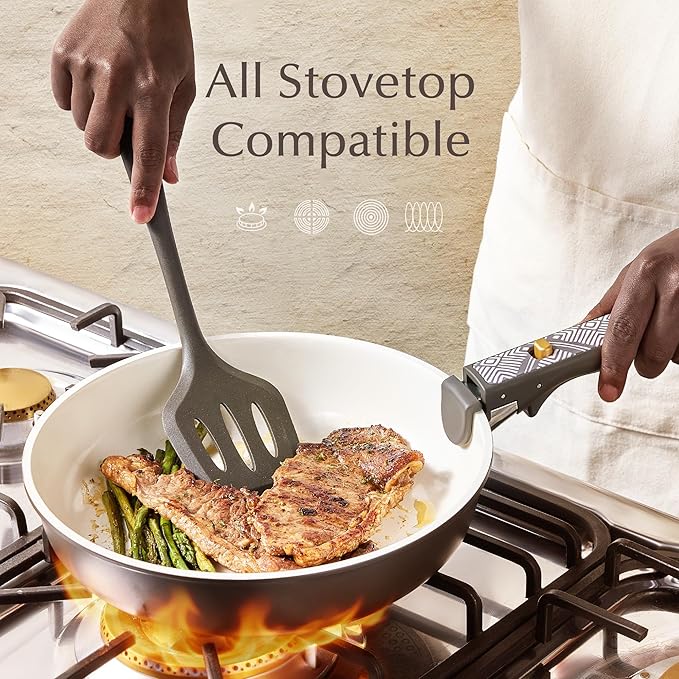 CAROTE 21-Piece Ceramic Cookware Set, Nonstick Pots and Pans Set with Detachable Handle, Non-Toxic Kitchen Cooking Set, Induction Compatible, Dishwasher & Oven Safe, Charcoal - Image 8