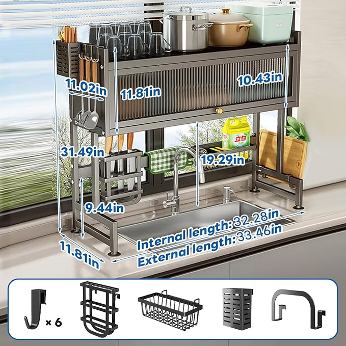 Hdrriozu Over the Sink Dish Drainer Drying Rack 3 Tier Over Sink Dish rack for a Tidy Kitchen Sink Shelf Organized Space-Saving Dish Rack with Cover for Dishes, Glasses, Bowls, and Cutlery - Image 6