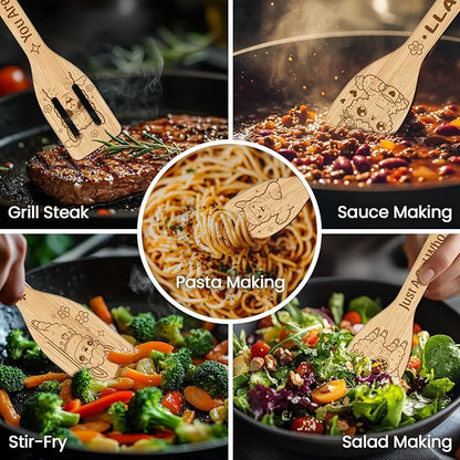 CUTHOLLOW 6PCS Alpacas Wooden Kitchen Cooking Utensil Set, 11.9in Non Toxic Bamboo Wood Spoon Set for Cooking, Best Housewarming Birthday Thanksgiving Christmas Gift for Women Mother