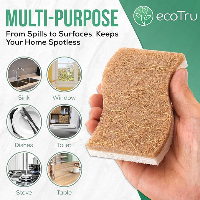 6 Pack Natural Kitchen Sponges, Compostable White Cellulose & Organic Coconut Scrubber Sponge for Washing Dishes, Kind Eco Friendly Non Toxic & Biodegradable Dishwashing Sponges - Image 9