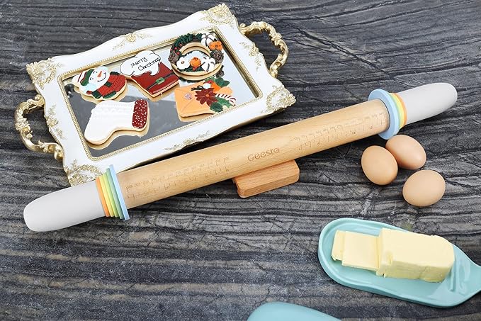 Geesta Adjustable Wood Rolling Pin with 5 Thickness Rings, Precise Dough Roller Handle Press Design with Measurement Guide for Baking Fondant, Pie Crust, Cookie, Pastry - Baking Essential - Image 7