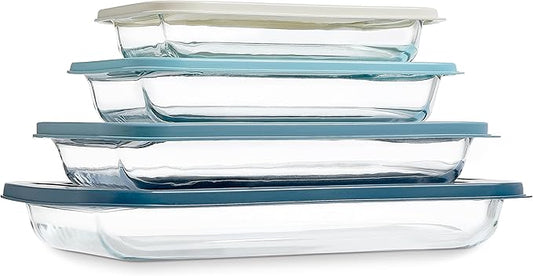 COOK WITH COLOR 8-Piece Deep Glass Baking Dish Set with Plastic Lids – Casserole and Food Storage Containers for Lasagna, Leftovers – Freezer-to-Oven, Microwave & Dishwasher Safe, Blue by CookwithColor