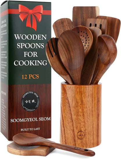 12-Piece Natural Teak Wood Utensil Set with Holder & Rest - Nonstick Cooking Spoons, Spurtles, Heat Resistant Tools by SOOMGYEOLSEOM