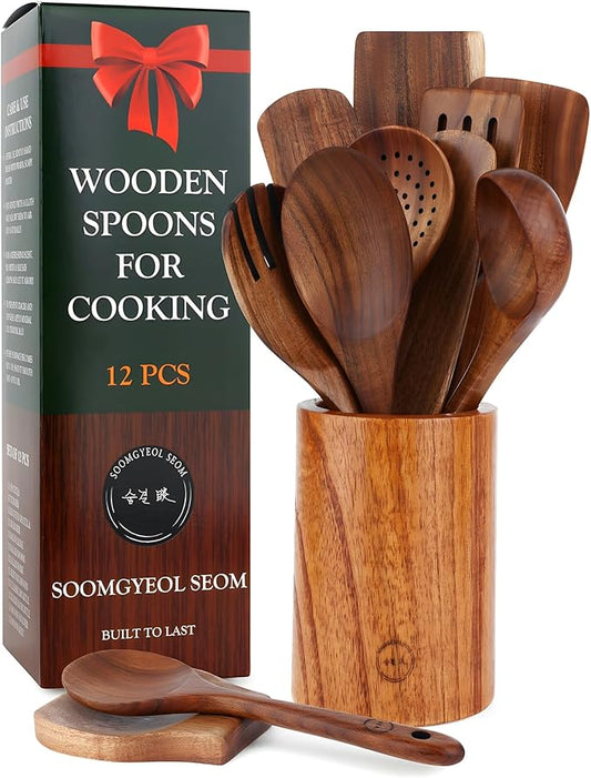12-Piece Natural Teak Wood Utensil Set with Holder & Rest - Nonstick Cooking Spoons, Spurtles, Heat Resistant Tools by SOOMGYEOLSEOM