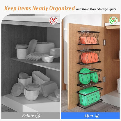 BasicForm 4 Pack Metal Kitchen Inside Cabinet Door Organizer, Adhesive Lid Organizers Cabinet Door Storage for Tupperware Lid, Storage Holder Basket for Kitchen Wall Mounted (Black) - Image 3