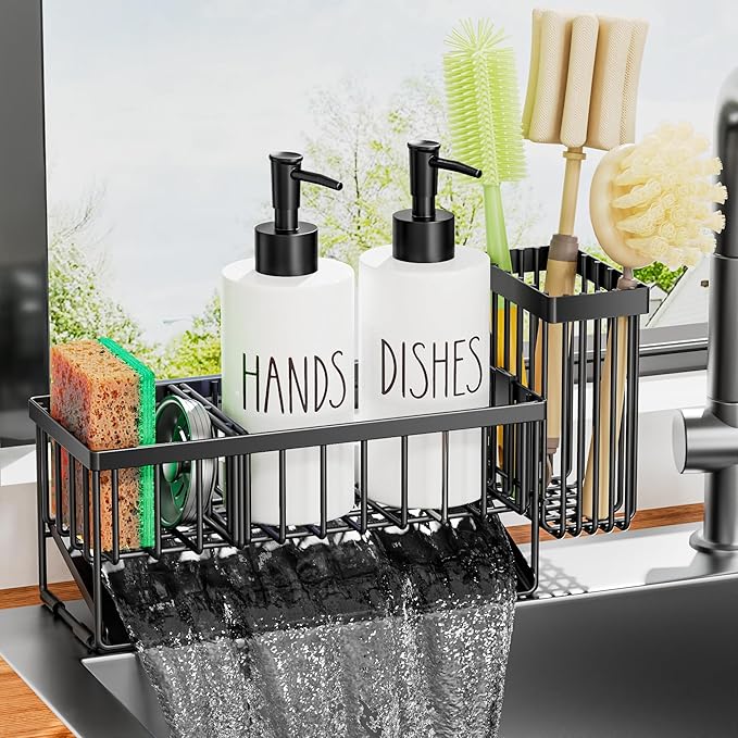 MASADI Kitchen Dish Soap Dispenser Set with Sponge Holder, 12OZ Glass Bottle, Hand and Dish Soap Dispenser Set, Non-Slip Silicone Pad, Brush Holder, Kitchen Sink Organizer Countertop (Black+White) by masadi