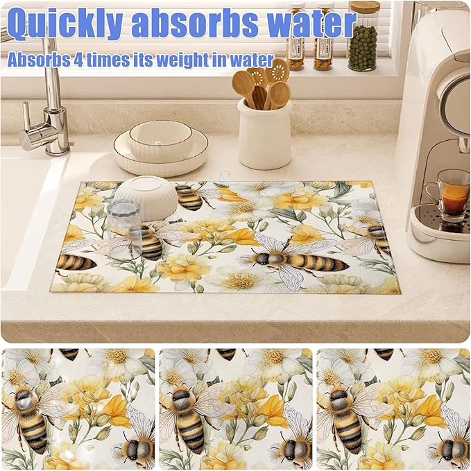 Watercolor Bee Floral Dish Drying Mat for Kitchen Counter Drying Pad Absorbent Reversible Dish Drainer Rack Mats Draining Pad 18"x24"Inch - Image 4