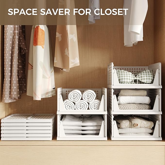 Pinkpum 6 Pack Closet Organizers Storage Bins, Stackable Plastic Drawer Basket for Clothing, Stackable Storage Bins Shelf Storage Container for Closet Wardrobe Bedroom Bathroom Office White - Image 3