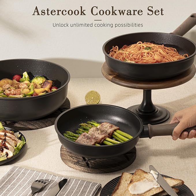 Astercook 19 Pcs Pots and Pans Set Non Stick, Black Titanium Induction Kitchen Cookware Sets, Non toxic Healthy Kitchen Cooking Set with Frying Pans Set, PFAS PTFE PFOA PFOS Free, Mothers Day Gifts - Image 6