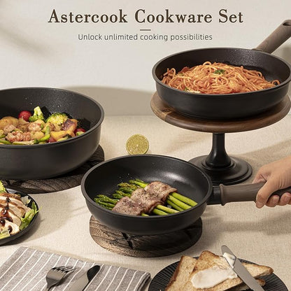 Astercook 19 Pcs Pots and Pans Set Non Stick, Black Titanium Induction Kitchen Cookware Sets, Non toxic Healthy Kitchen Cooking Set with Frying Pans Set, PFAS PTFE PFOA PFOS Free, Mothers Day Gifts - Image 6