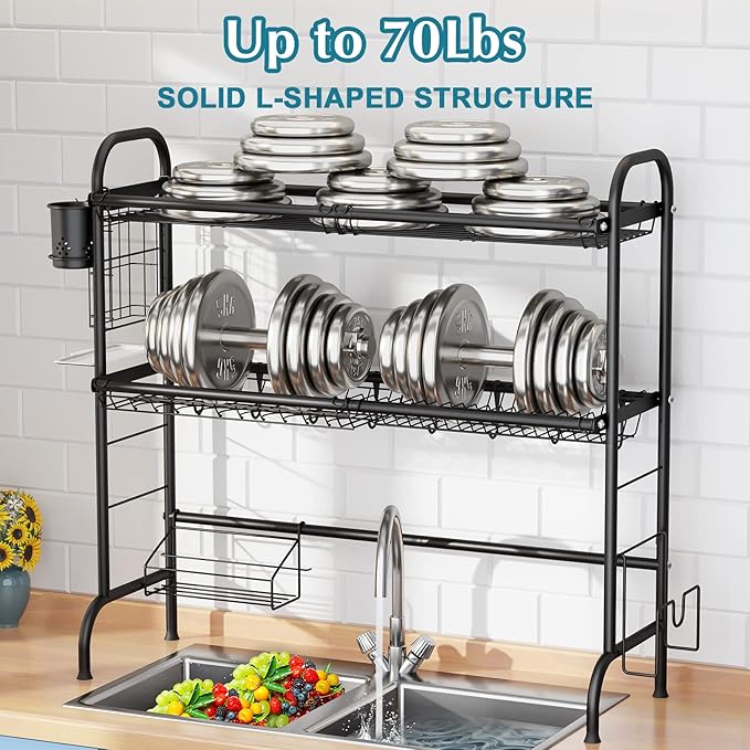 HOWDIA 3-Tier Over The Sink Dish Drying Rack,Stainless Steel Dish Rack with Cutlery Holder & Chopping Board Rack, 33.9” x 11.4” x 32.3” for Maximum Kitchen Storage（Black） - Image 6
