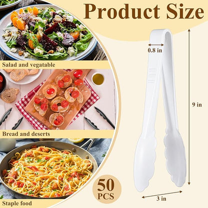 Tessco for you 50 Pcs Plastic Tongs for Serving Bulk, 9 Inch Plastic Disposable Serving Tongs, Heavy Duty Salad Tong for Kitchen, Buffet, BBQ, Events & Catering (White) - Image 2